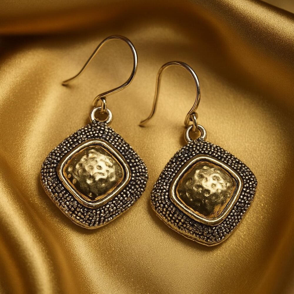 Mixed Metal Square Dangle Earrings – Hammered Gold & Antique Silver Boho Chic